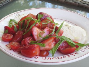 French Fridays with Dorie – Mozarrella, Tomato and Strawberry Salad with Basil Strips