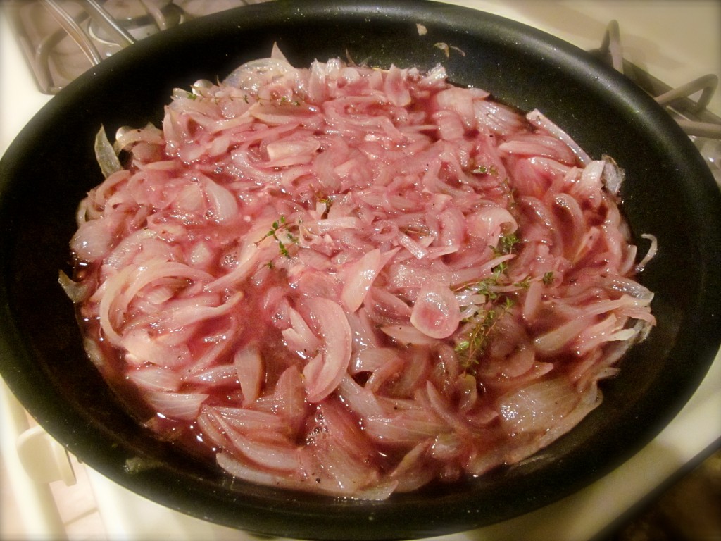The Onion Confit, which can be made two days ahead, is simply 4 onions, red wine, red wine vinegar and seasonings. I added some Crème de Cassis to taste. It was New Year's Eve, afterall.