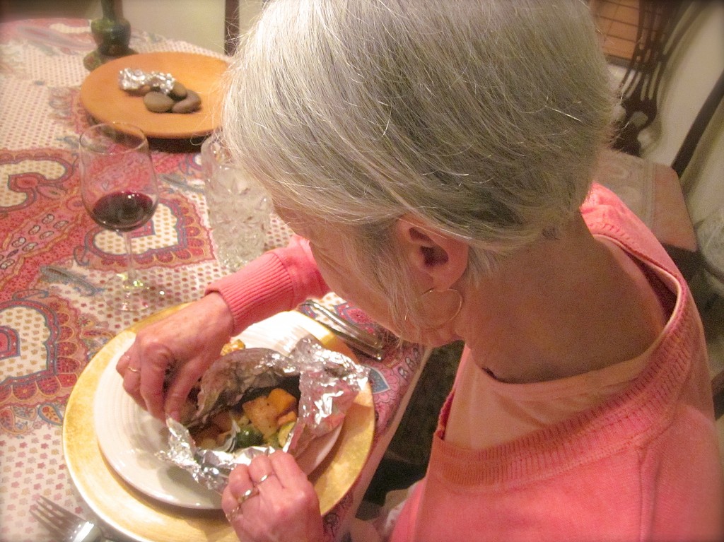 Dorie suggests plating these sealed vegetable packets and letting each guest have the pleasure of savoring the first fragrant puff of steam when the seal is broken. My friend, Ruth, enjoyed the moment. 