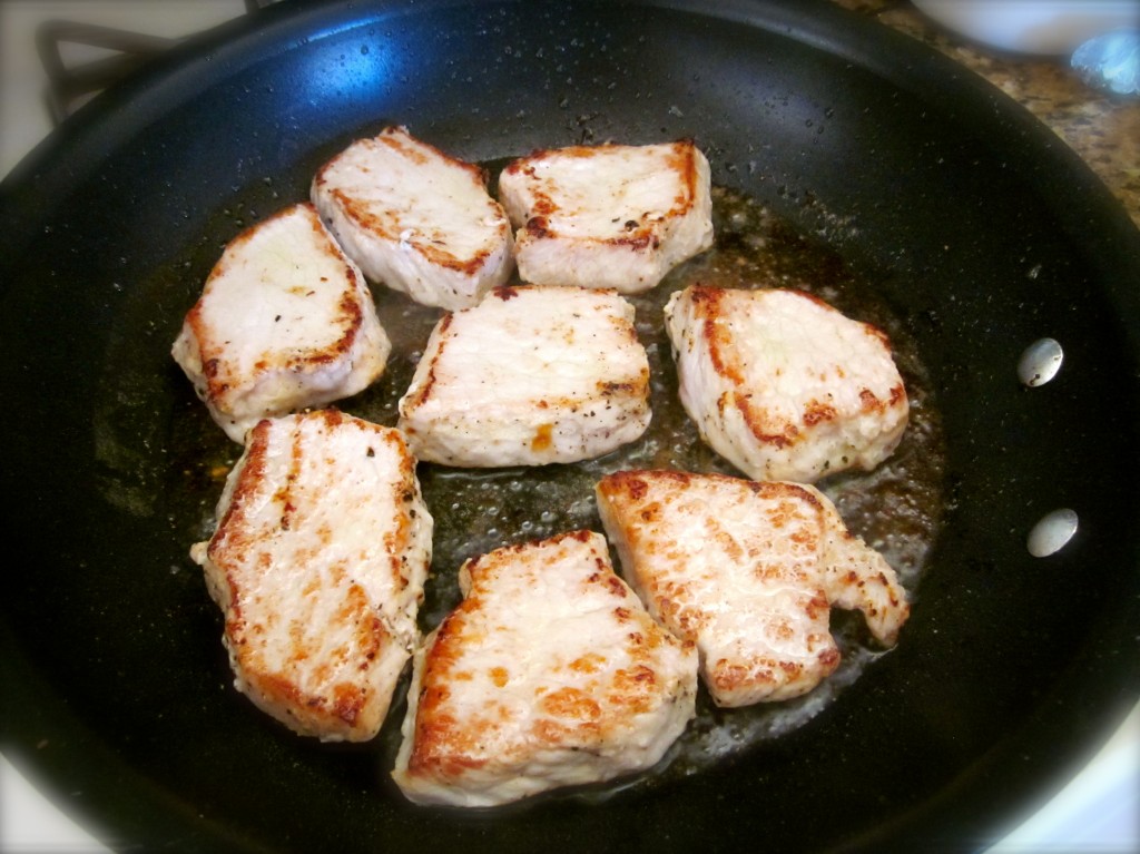 Eight pork medallions, browned and gently simmered, donated graciously  by a lean, little pig. 