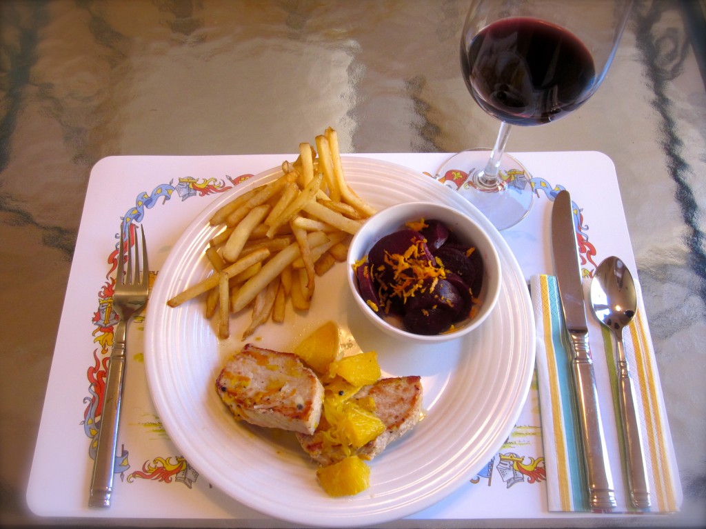 This week's French Fridays with Dorie recipe choice is Fresh Orange Pork Tenderloin. The thickly-sliced pork medallions worked well with sliced beets, Trader Joe's baked french fries, and a hearty red wine. Hmmmmm