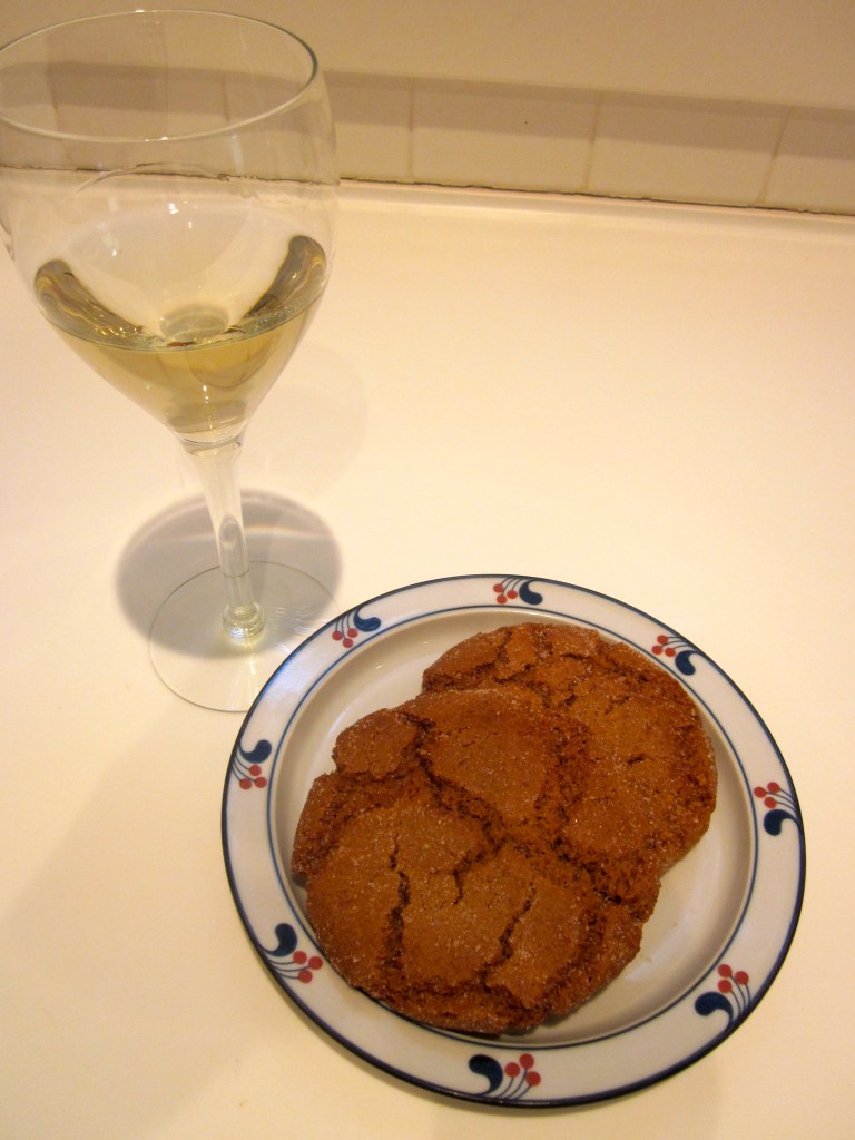 What a perfect dinner, after a ten-hour drive, to celebrate my safe arrival back  in Colorado: a glass of wine (or, 2 or 3) and two of Susan's Giant Giner Snap cookies. Lucky me.