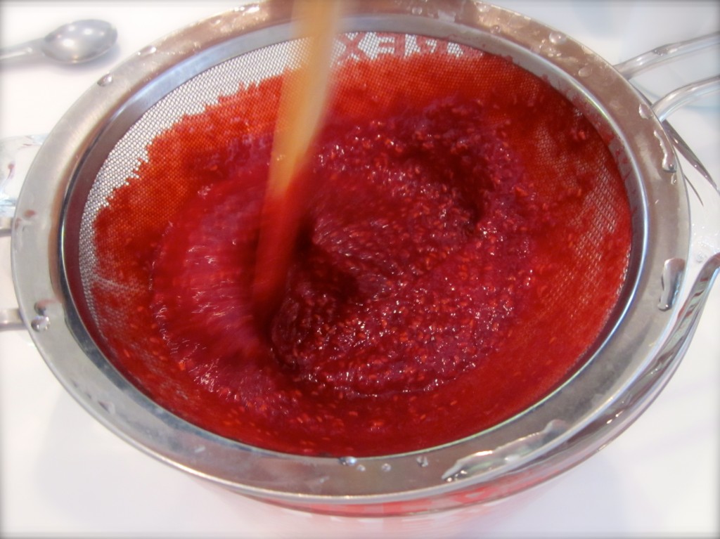 For the topping (ever so slight), we made a raspberry coulis by pureeing frozen raspberries, staining the seeds, and adding framboise. Incidentally, the raspberries were from Serbia which we found interesting.