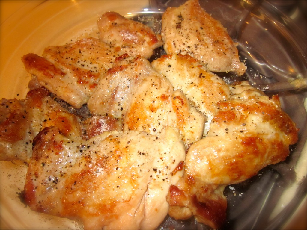 After lightly browning the chicken cutlets for about 4 minutes on each side, I transferred them to a pan, covered with foil and slipped them into a 200 degree oven.