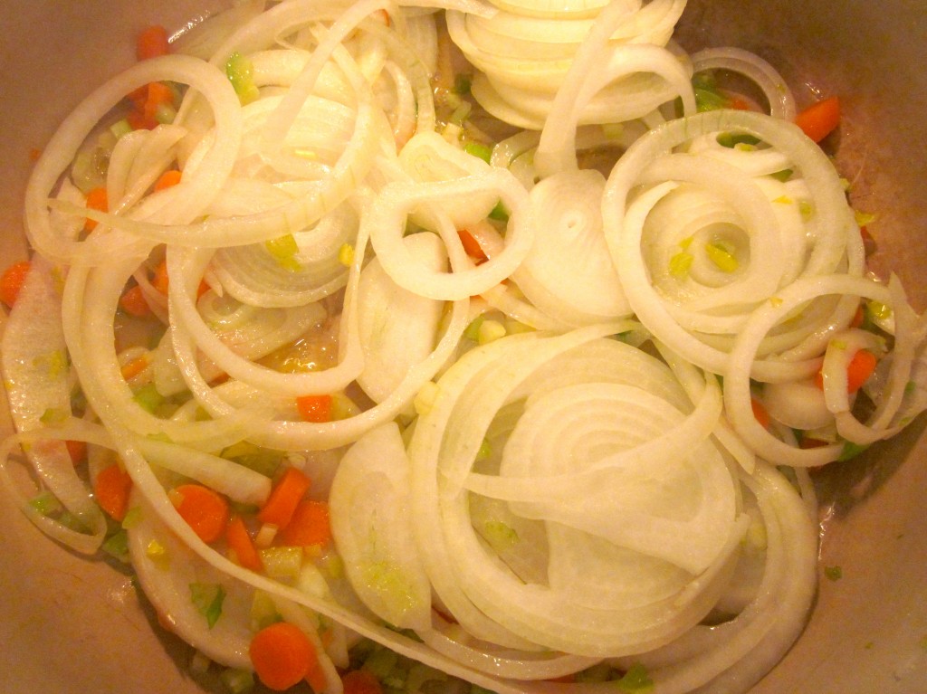 Thinly sliced onions, carrots and celery stalks