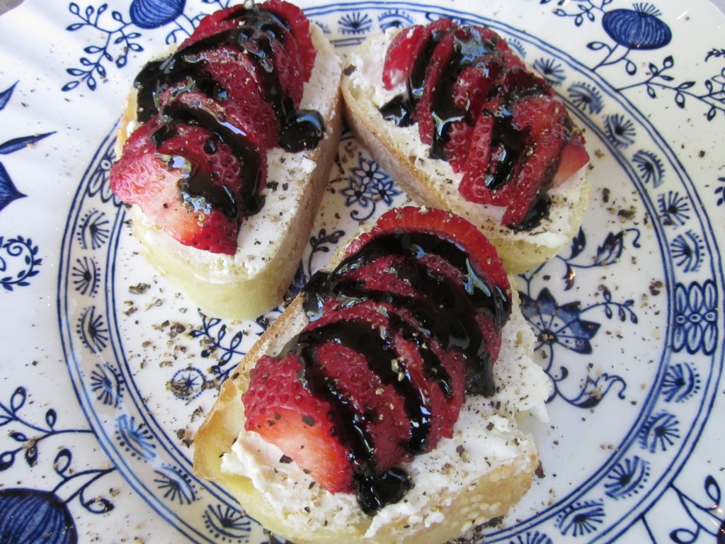 After dripping balsamic glaze on the strawberries, I let them rest for 5 minutes so the glaze can seem into the fruit.  