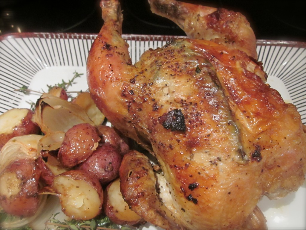 Hurry-Up-And-Wait Roast Chicken with tiny red potatoes and onions