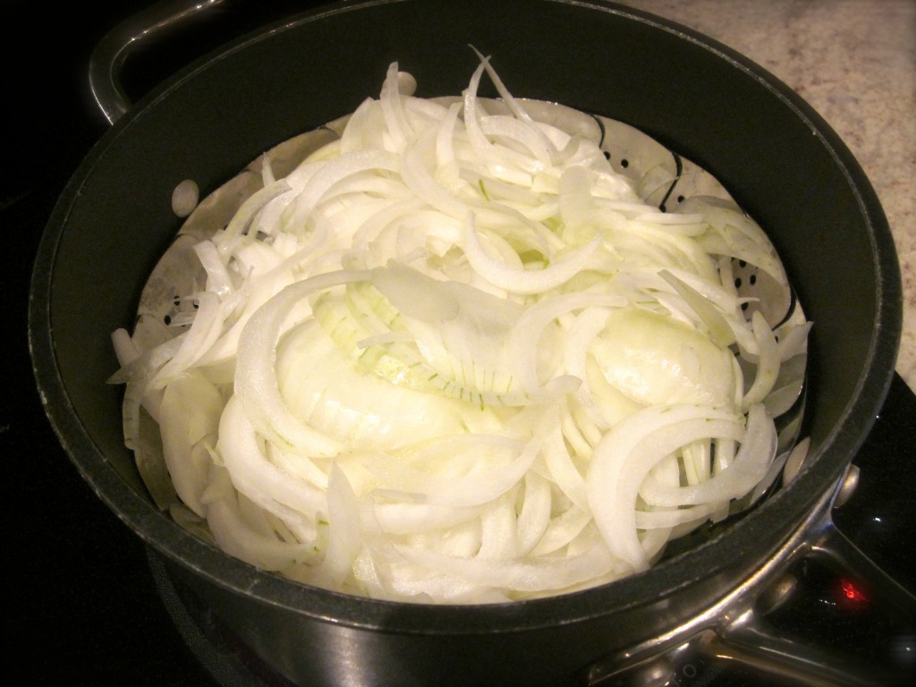Steaming the onions is the secret to this delicious recipe. I placed my steaming basket inside a big pot.