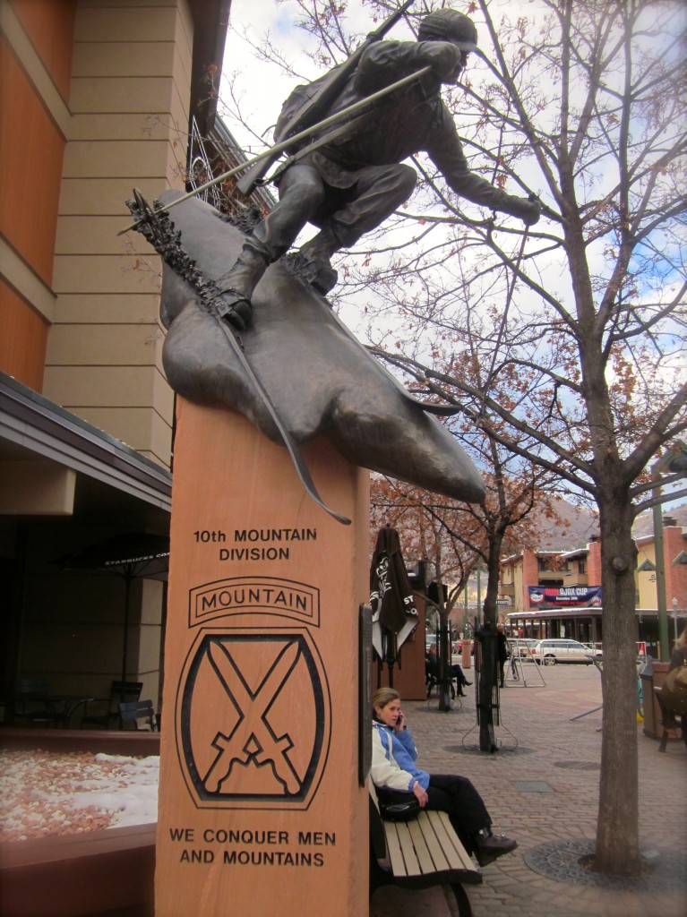 The memorial to the 10th Mountain Division in the  Aspen's Gondola  Plaza. Several 10th Mountain Division veterans returned to Aspen to bolster the area's ski industry.