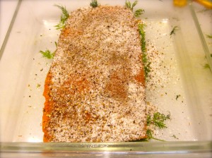 Flip the salmon and rub mixture into the flesh (no holes).  