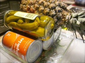 Cover tightly with plastic wrap, weight evenly, and refridgerate for 48-72 hours. I found the combo of 3 cans, a jar of pickled okra and a pineapple, just perfect.