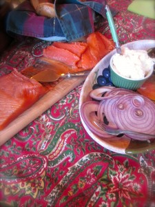 A post-Christmas feast, Gravlax with cream cheese, capers, and onions and Zabar's toasted bagels.