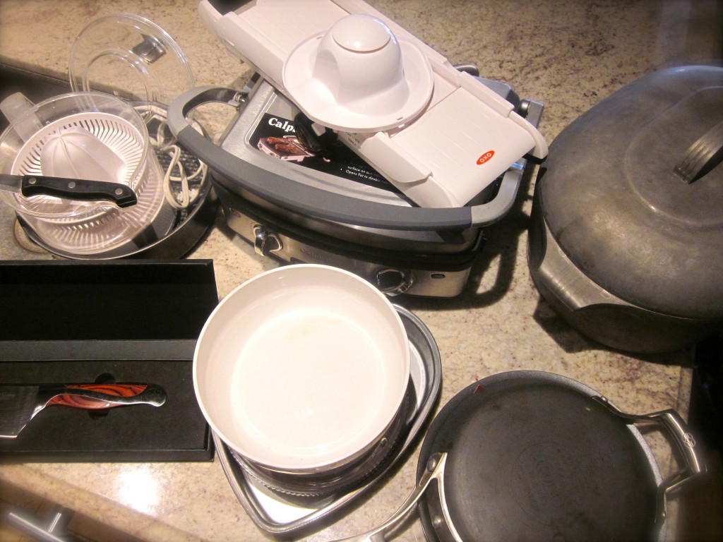 Traveling Tools: mandoline, electric grill, dutch oven, frittata pan, scales, Valentine molds, knives, juicer and. springform pan. Processor not in picture.