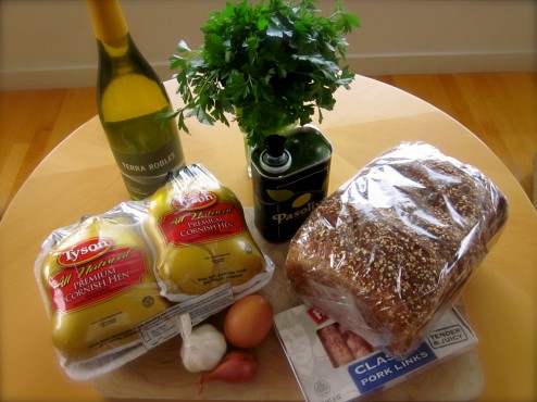 The Mise En Place for Sausage-stuffed Cornish Hens, our French Fridays with Dorie recipe this week.