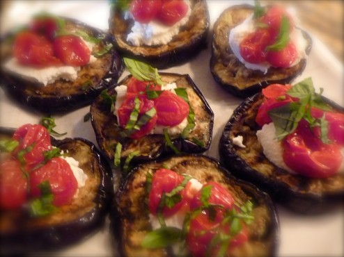 Cooking from our food families, Donna made Grilled Eggplant Rounds with ricotta cheese, basil and Dorie's Slow-Roasted Tomatoes. 