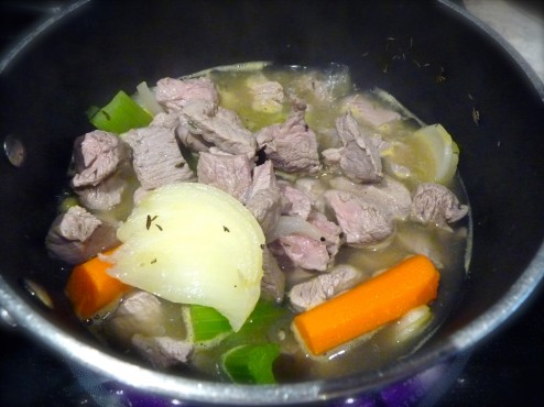 The lamb simmers for 90 minutes in its vegetable broth.