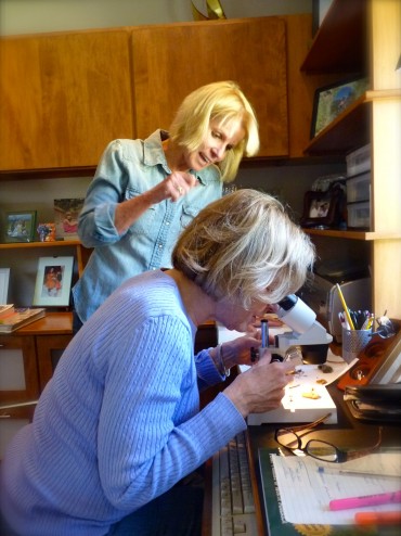 Bringing the outside inside and putting it under the microscope. (The microscope was an anniversary  present for Donna's (standing) from her husband who is pictured above. We were all thrilled. 