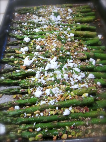 Joy the Baker's Pistachio-crusted Asparagus with Feta. I also mixed Dukkah, a nut & spice blend with the pistachios. 