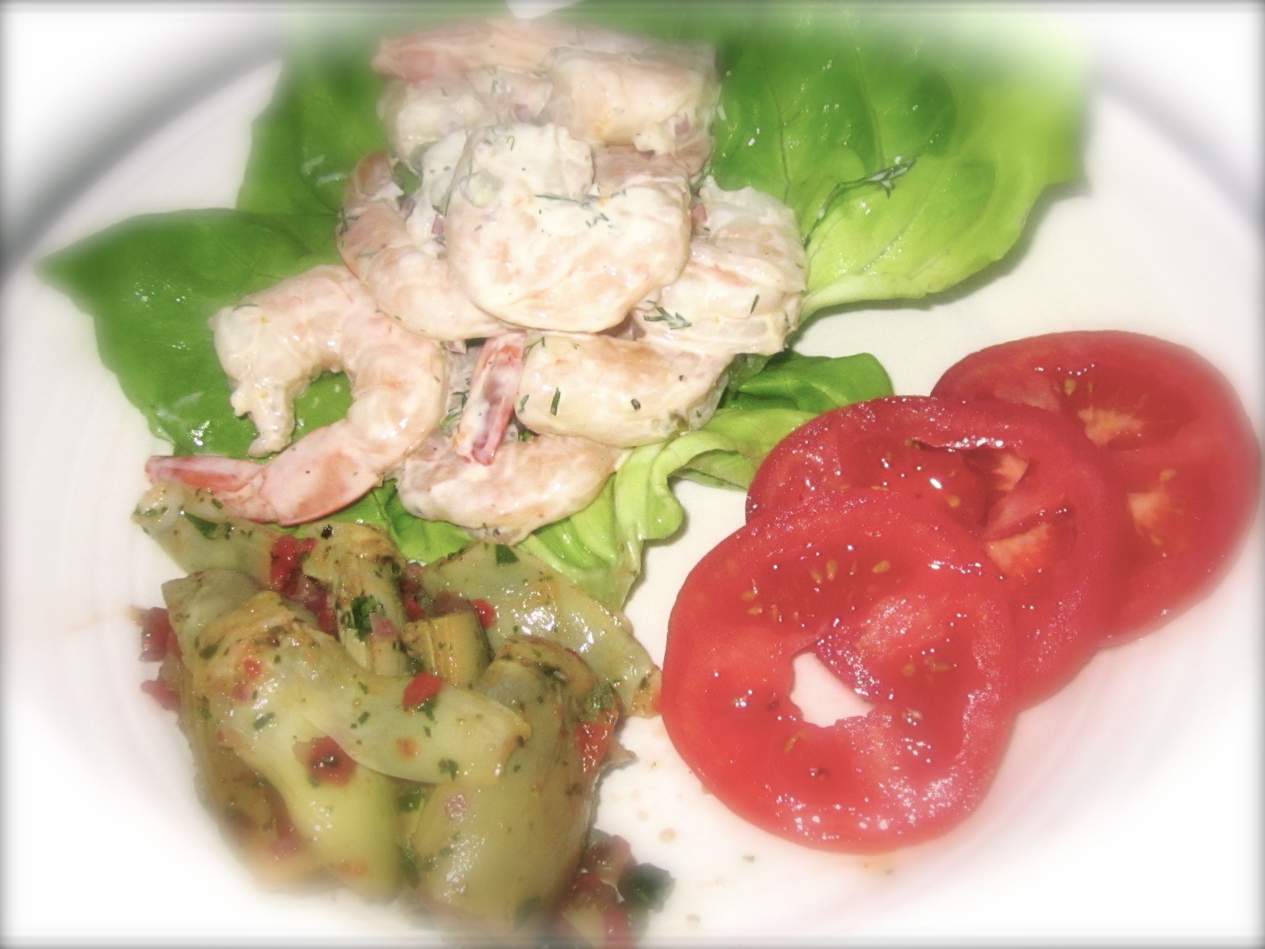 The best of the supper menu: Roasted Shrimp Salad, Roasted Artichoke Hearts and Colorado tomatoes.
