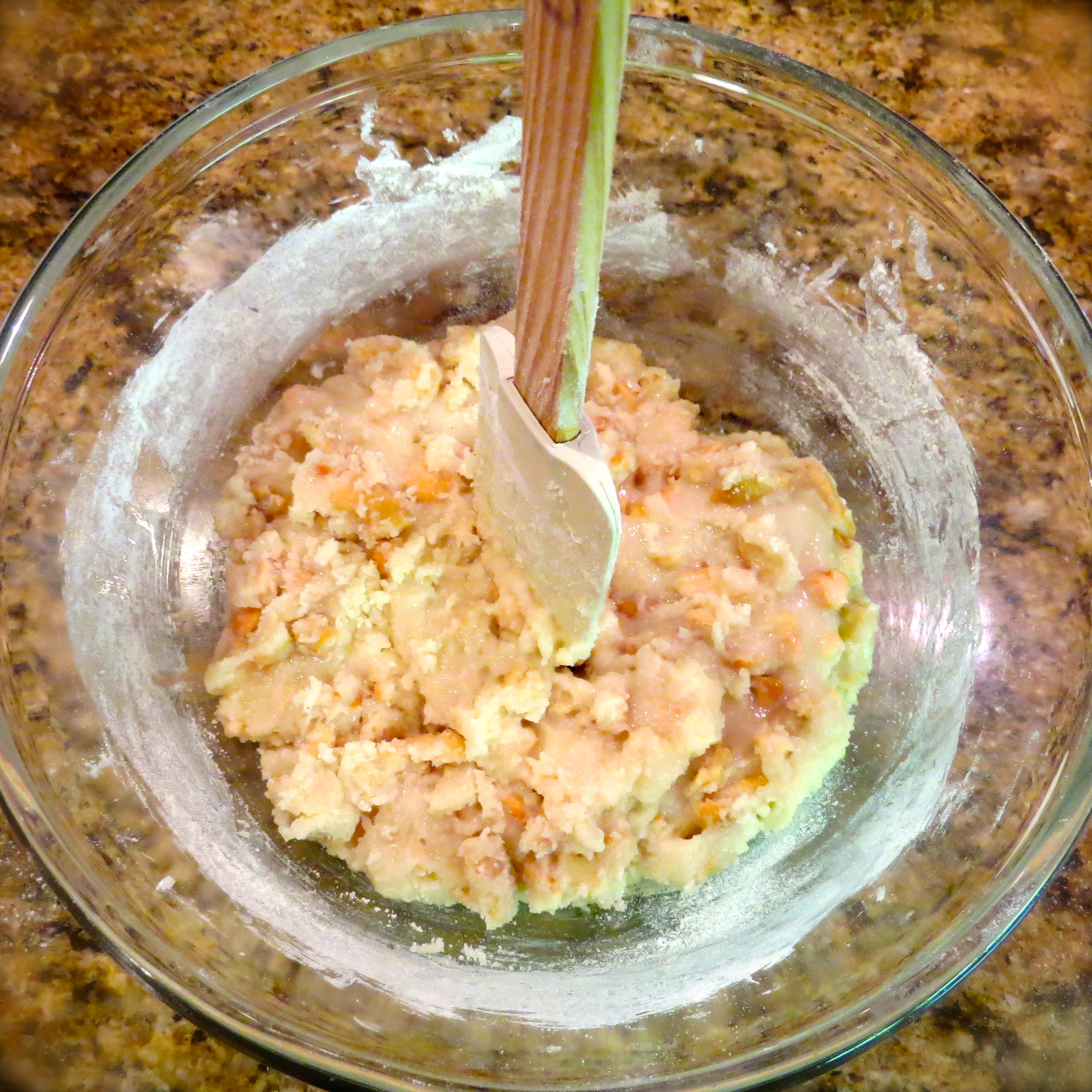 After the flour joins the party and is blended, the mixture turns thick.