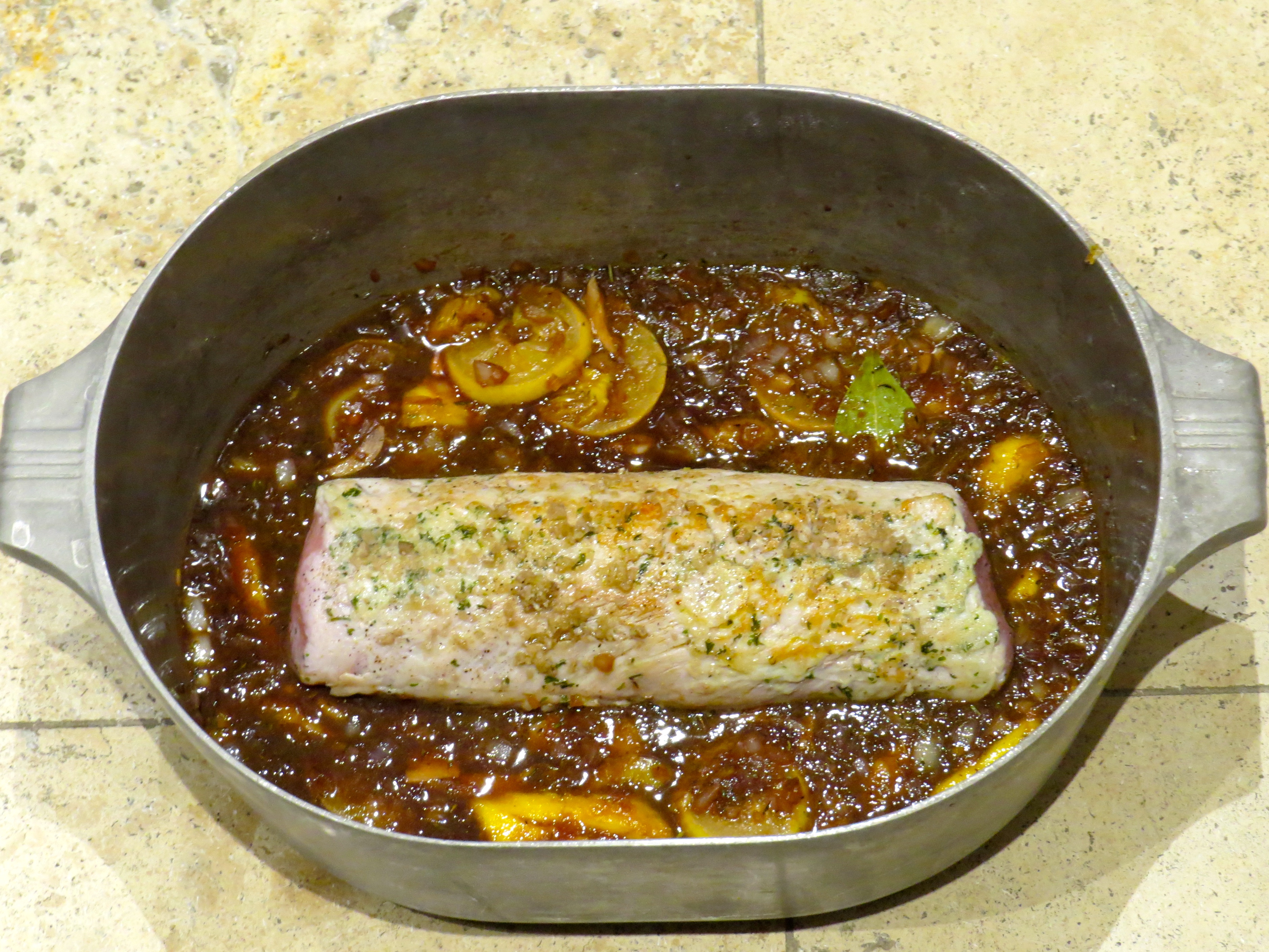 The pork and added ingredients are ready to go into the oven for its final braise.
