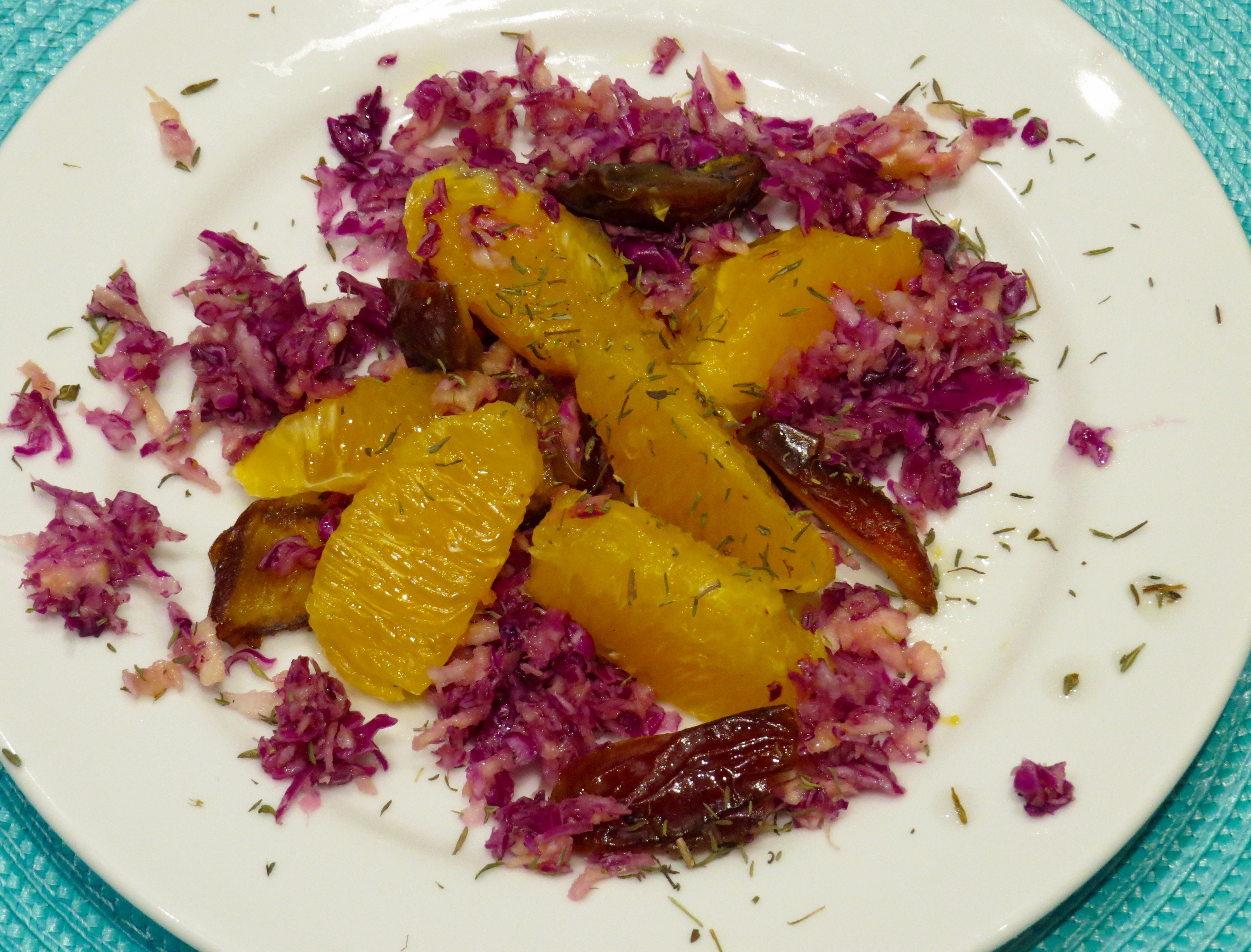 Red Cabbage, Parsnip, Orange and Dates Salad has Zing - that's the perfect word. The orange's juice provides the dressing. 