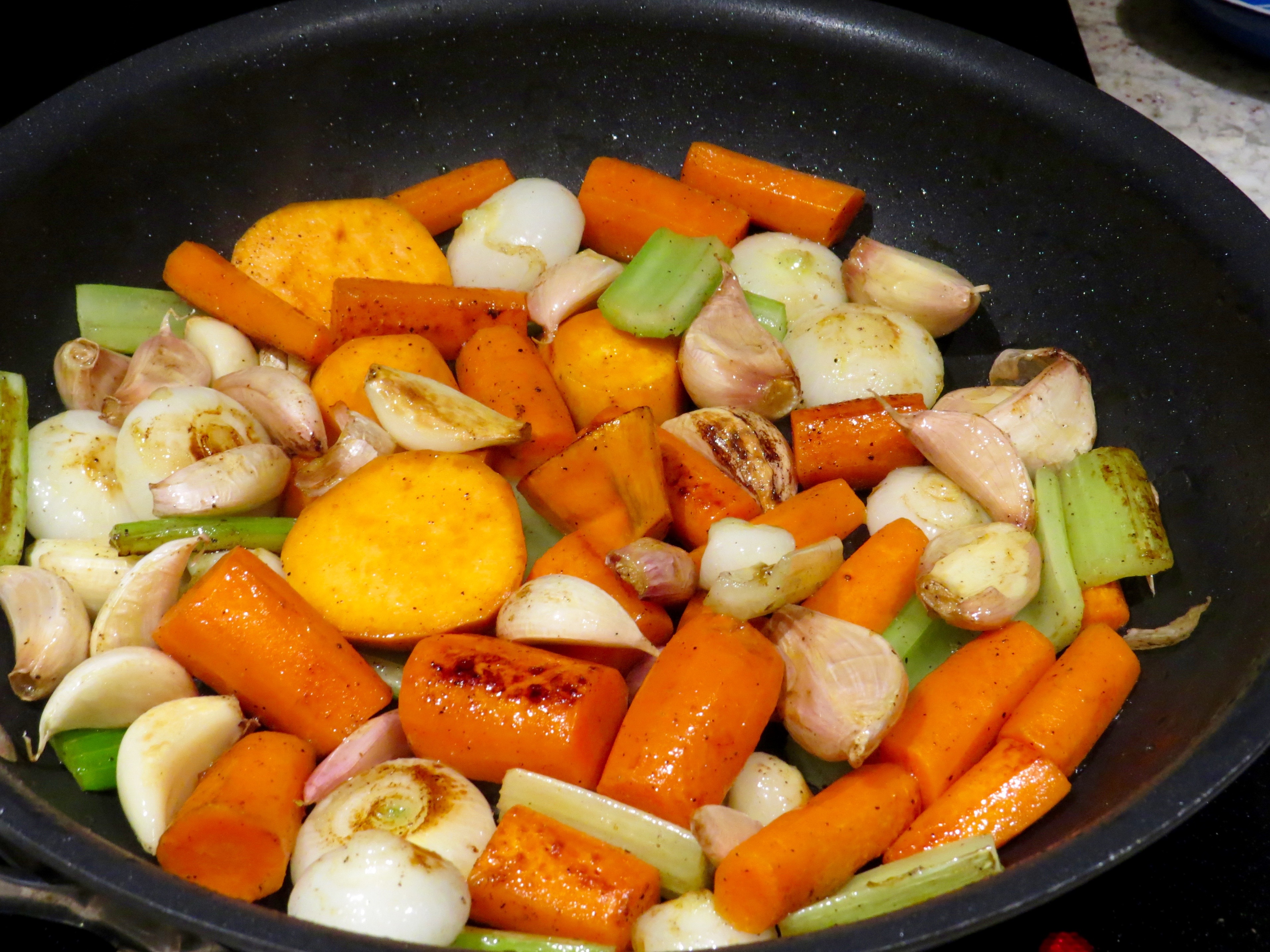 Chicken in a Pot - the veggies are prepared and then tossed in a large skillet for a sauté.