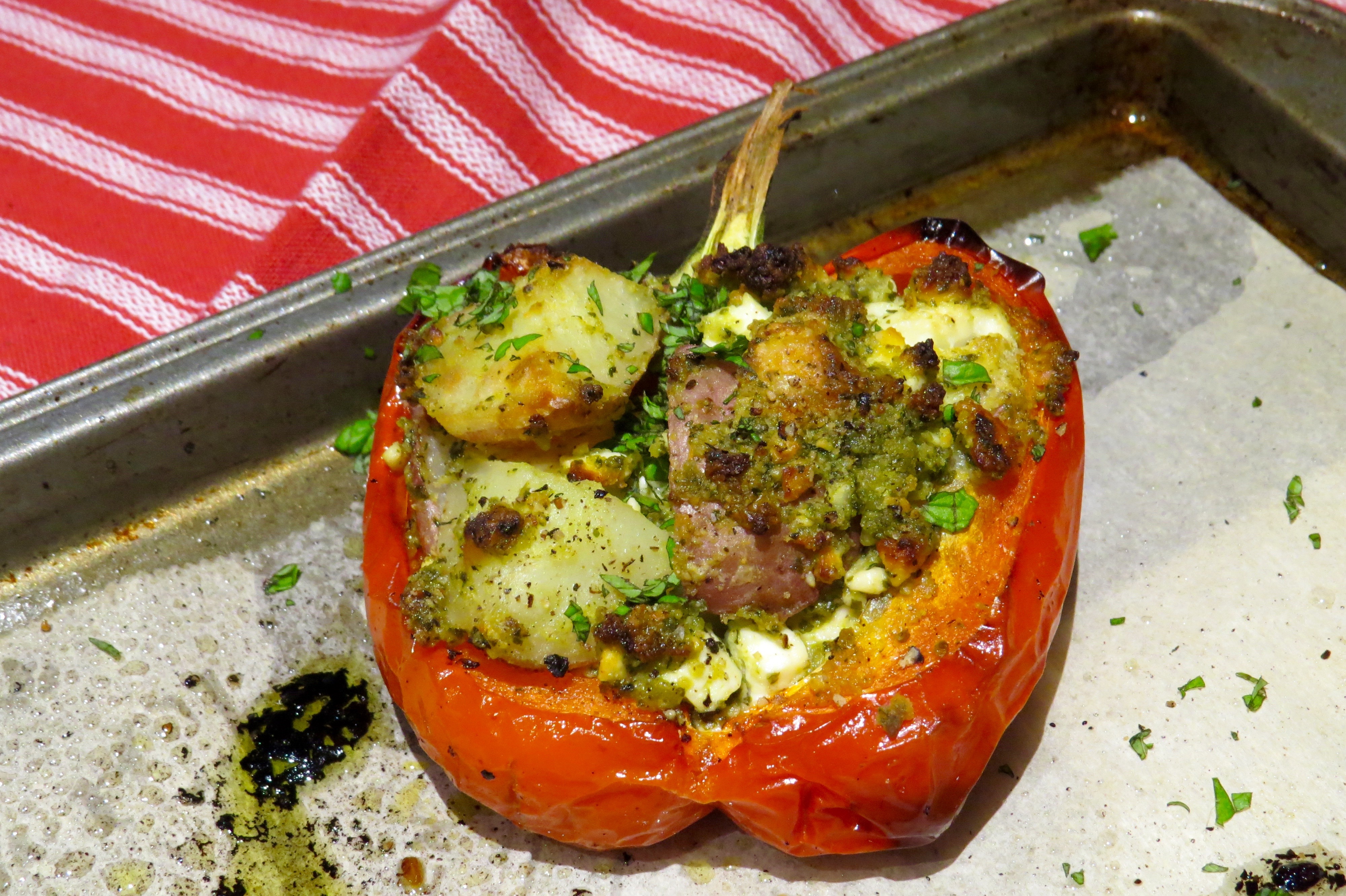 STUFFED PEPPERS WITH NEW POTATOES, FETA, AND PESTO