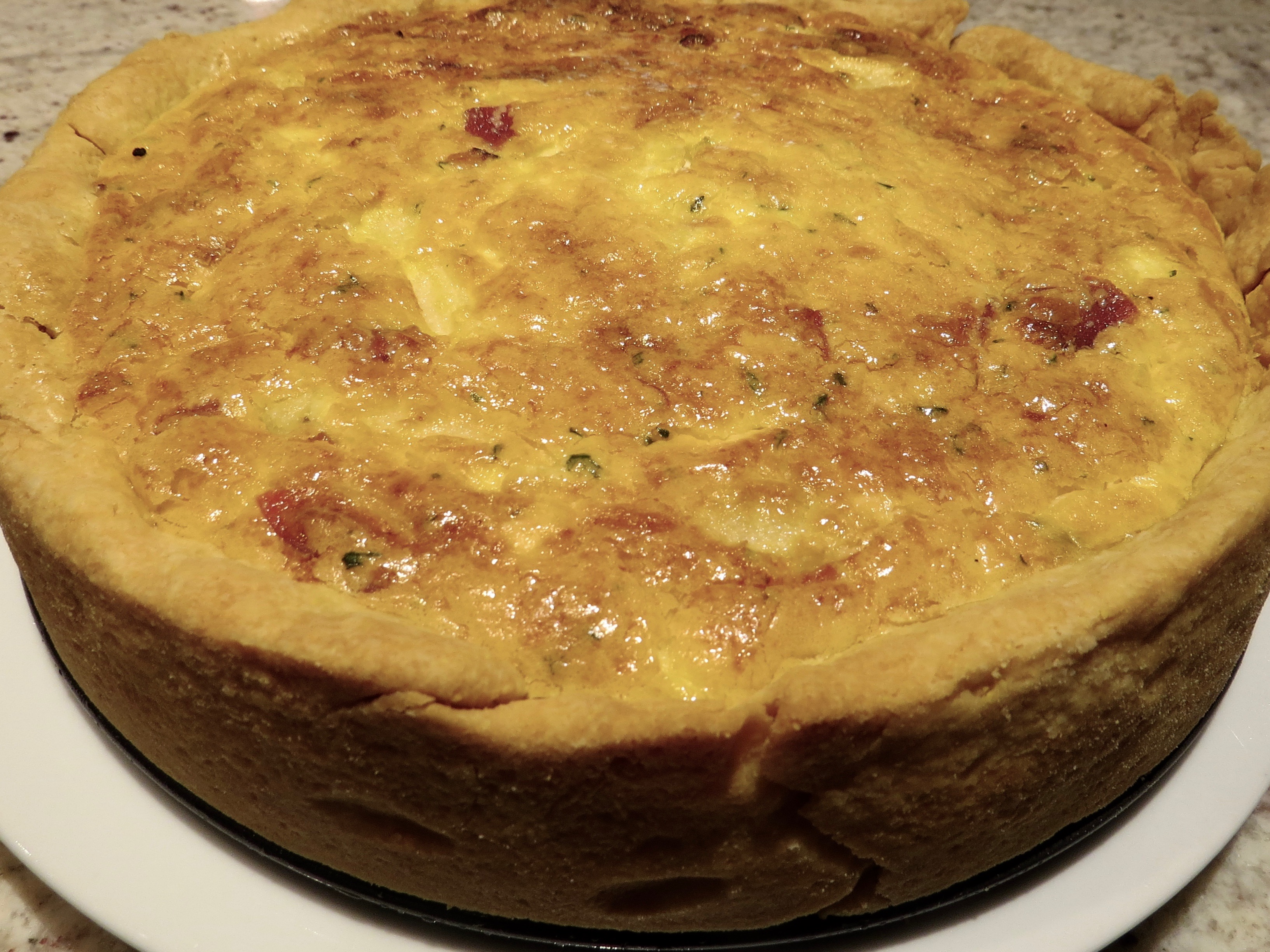 It's a quiche. Ham. Blue Cheese. Pears.  And, it's delicious. 