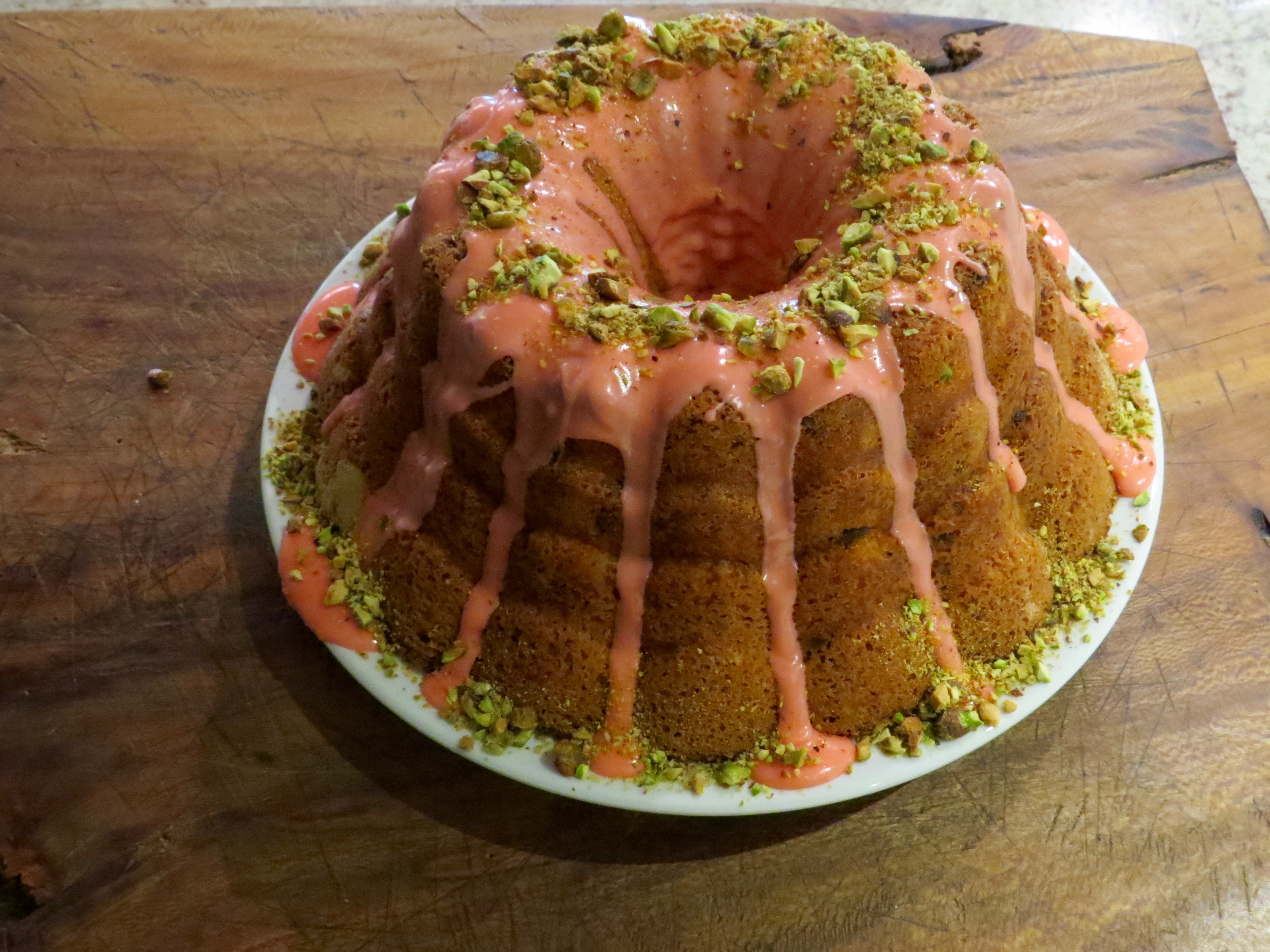 Rhubarb-Pistachio Bundt Cake with Rose Glaze 